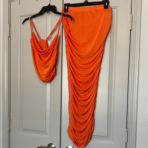 SHEIN Dresses & Skirts - Shein Vibrant Orange Ruched Crop Top & Skirt 2 Piece Set